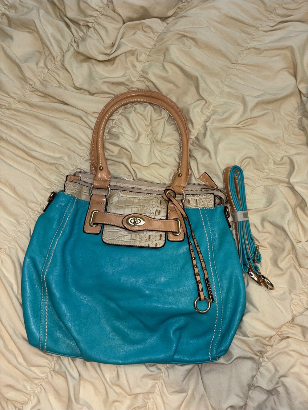 Vintage Guccaci Turquoise Leather Shoulder Bag with Tan Trim
